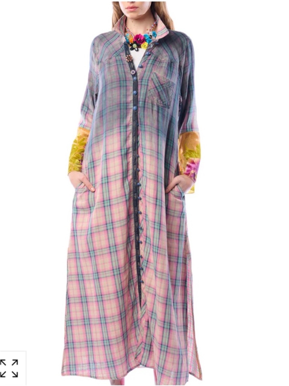Plaid Button-Front Maxi Dress with Floral Sleeve Accents - Aratta Silent Journey